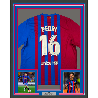 Framed Autographed/Signed Pedri 35x39 FC Barcelona Blue Soccer Jersey Beckett BAS COA