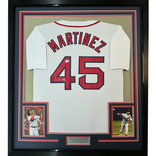 Framed Autographed/Signed Pedro Martinez 35x39 Boston White Baseball Jersey JSA COA
