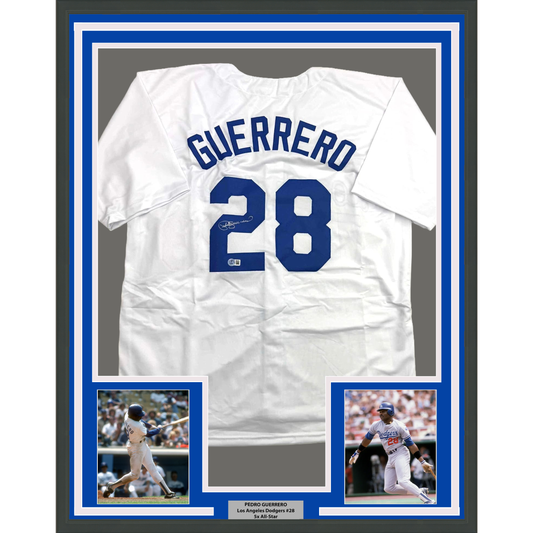 Framed Autographed/Signed Pedro Guerrero 35x39 Los Angeles LA White Baseball Jersey Beckett BAS COA