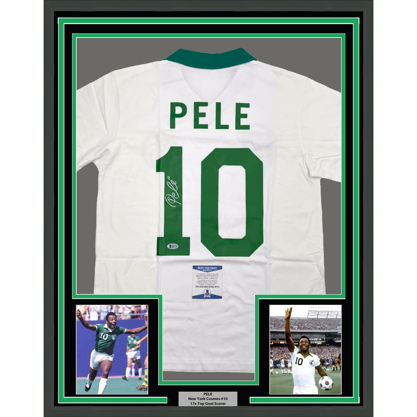 Framed Autographed/Signed Pele 35x39 New York Cosmos White Soccer Futbol Jersey Beckett BAS COA