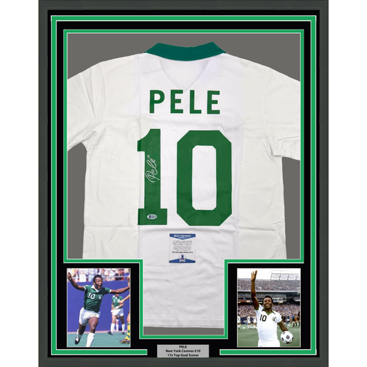 Framed Autographed/Signed Pele 35x39 New York Cosmos White Soccer Futbol Jersey Beckett BAS COA