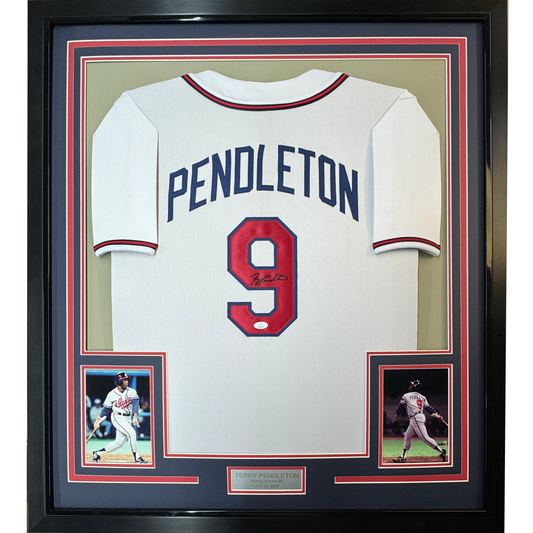 Framed Autographed/Signed Terry Pendleton 35x39 Atlanta White Baseball Jersey JSA COA