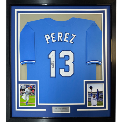 Framed Autographed/Signed Salvador Perez 35x39 Kansas City Blue Baseball Jersey Beckett BAS COA