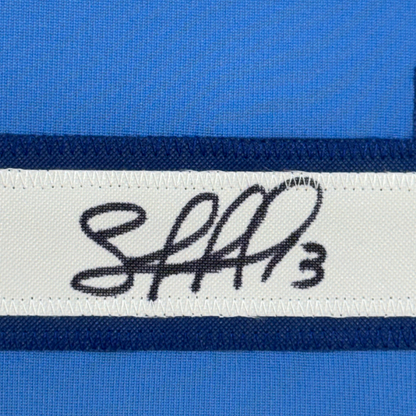 Framed Autographed/Signed Salvador Perez 35x39 Kansas City Blue Baseball Jersey Beckett BAS COA