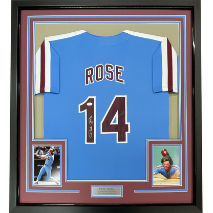 Framed Autographed/Signed Pete Rose 35x39 Philadelphia Retro Blue Baseball Jersey JSA COA