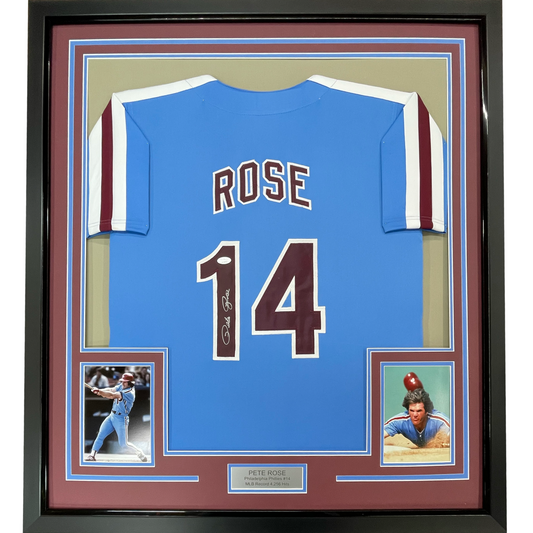 Framed Autographed/Signed Pete Rose 35x39 Philadelphia Retro Blue Baseball Jersey JSA COA