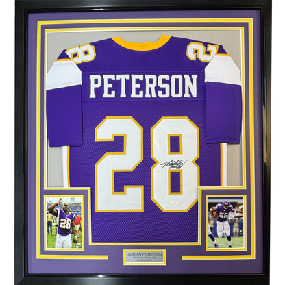 Framed Autographed/Signed Adrian Peterson 35x39 Minnesota Purple Football Jersey Beckett BAS COA