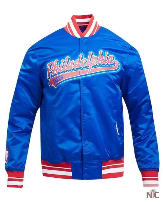 Philadelphia 76ers Script Tail Royal Satin Jacket