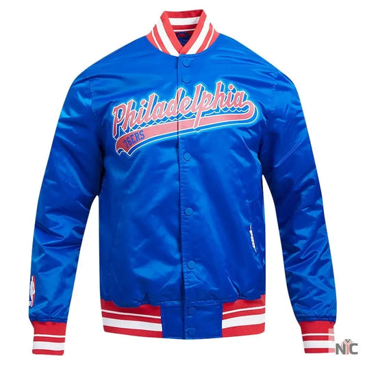 Philadelphia 76ers Script Tail Royal Satin Varsity Jacket