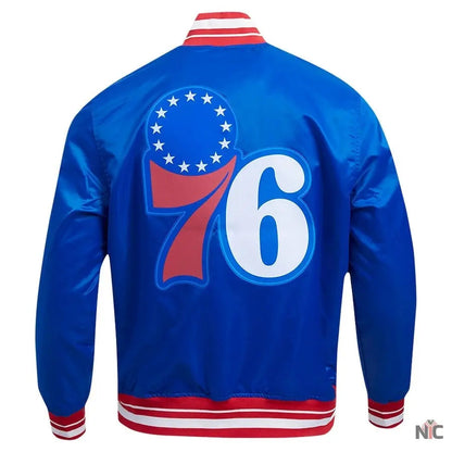 Philadelphia 76ers Script Tail Royal Satin Varsity Jacket