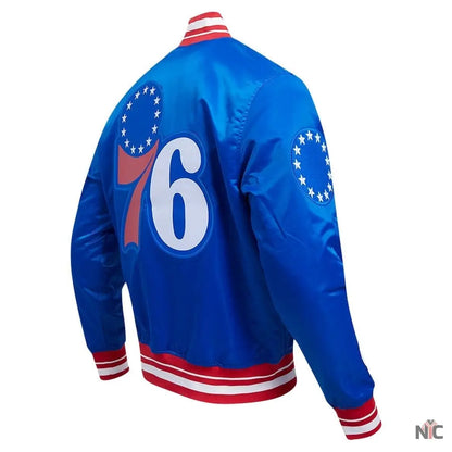 Philadelphia 76ers Script Tail Royal Satin Varsity Jacket