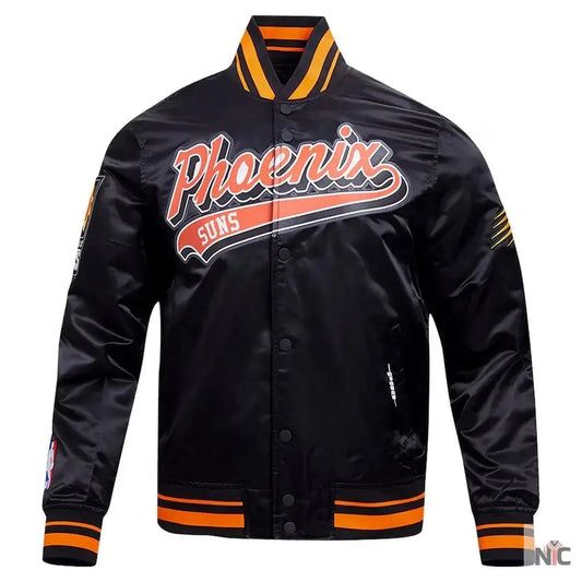 Phoenix Suns Script Tail Black Satin Varsity Jacket