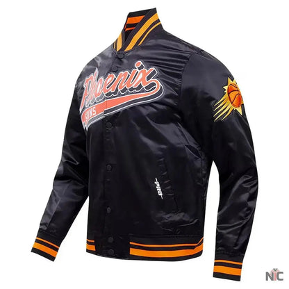 Phoenix Suns Script Tail Black Satin Varsity Jacket