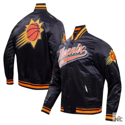 Phoenix Suns Script Tail Black Satin Varsity Jacket