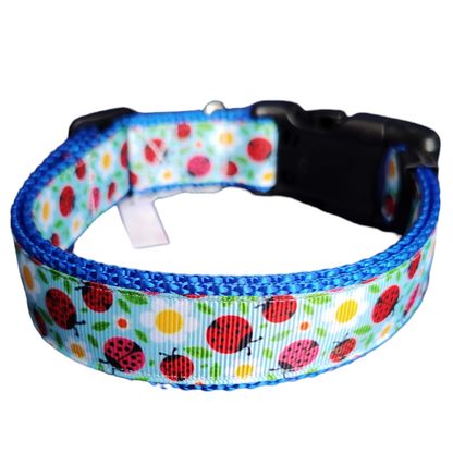 Ladybugs and Daisies Blue Nylon Dog Collar MD, LG, XL, Leash