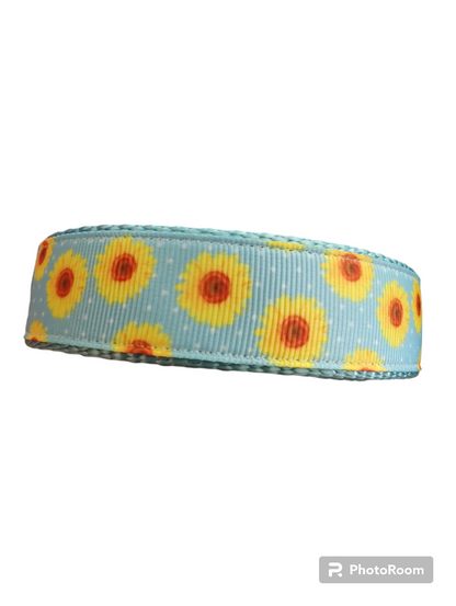 Yellow Flowers Light Blue Nylon Dog Collar MD, LG, XL, Martingale, Leash