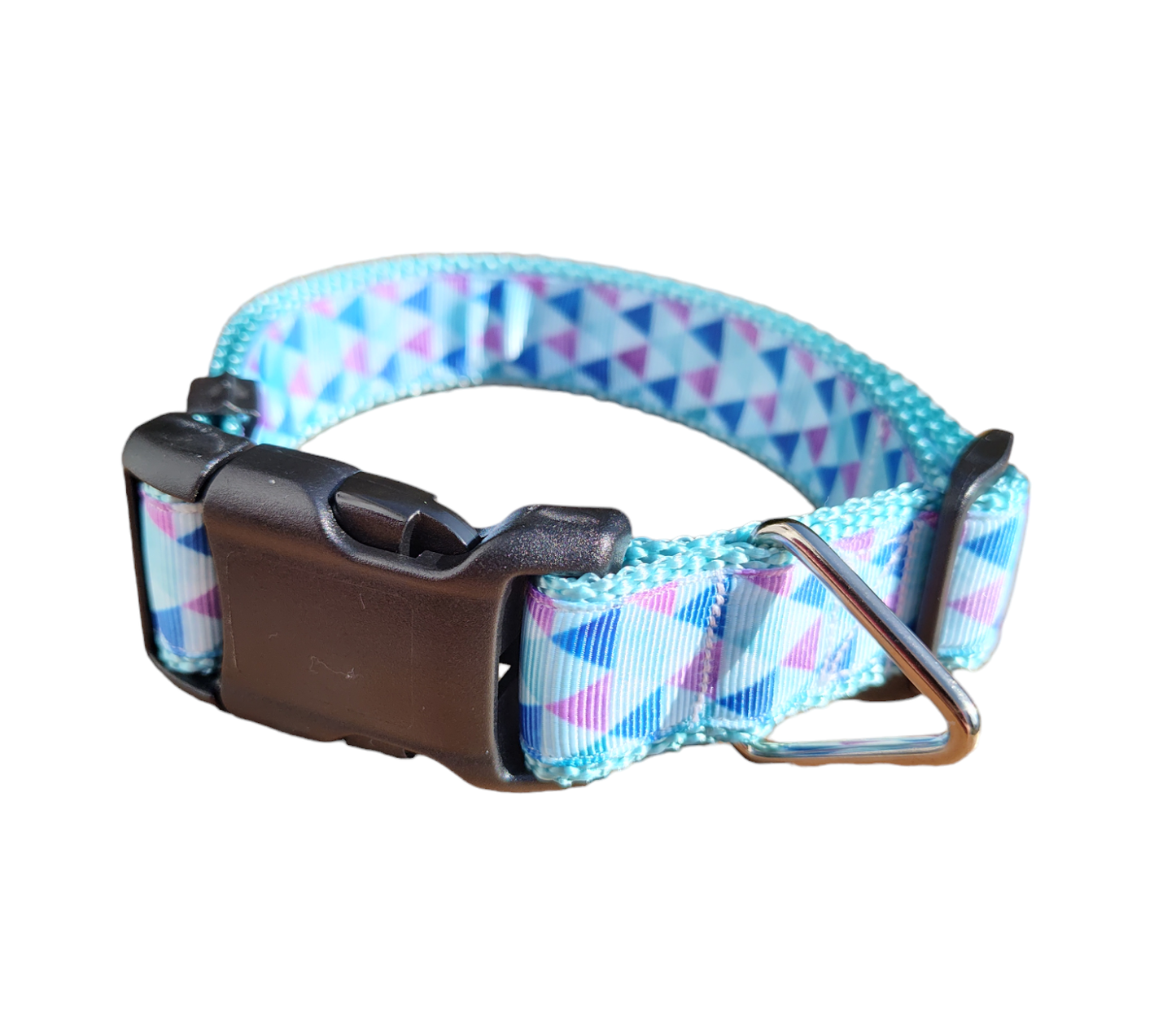 Purple Triangles Light Blue Nylon Dog Collar MD, LG, XL, Leash