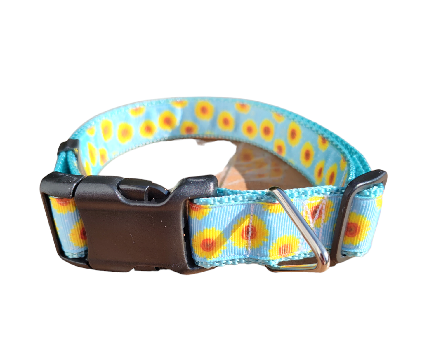 Yellow Flowers Light Blue Nylon Dog Collar MD, LG, XL, Martingale, Leash