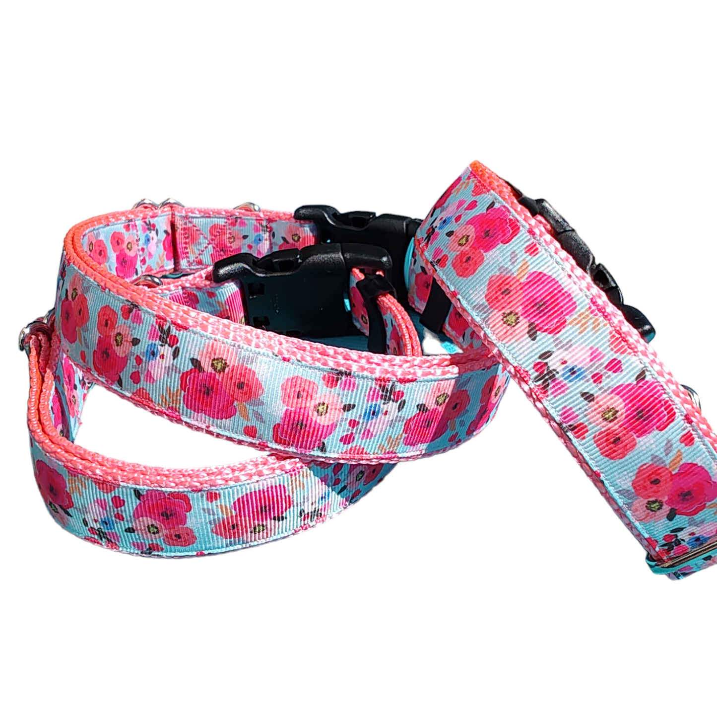 Pink Floral Nylon Dog Collar MD, LG, XL, Leash