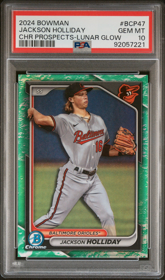 Graded 2024 Topps Bowman Jackson Holliday #BCP47 Chrome Prospects Lunar Glow Rookie RC Baseball Card PSA 10 Gem Mint