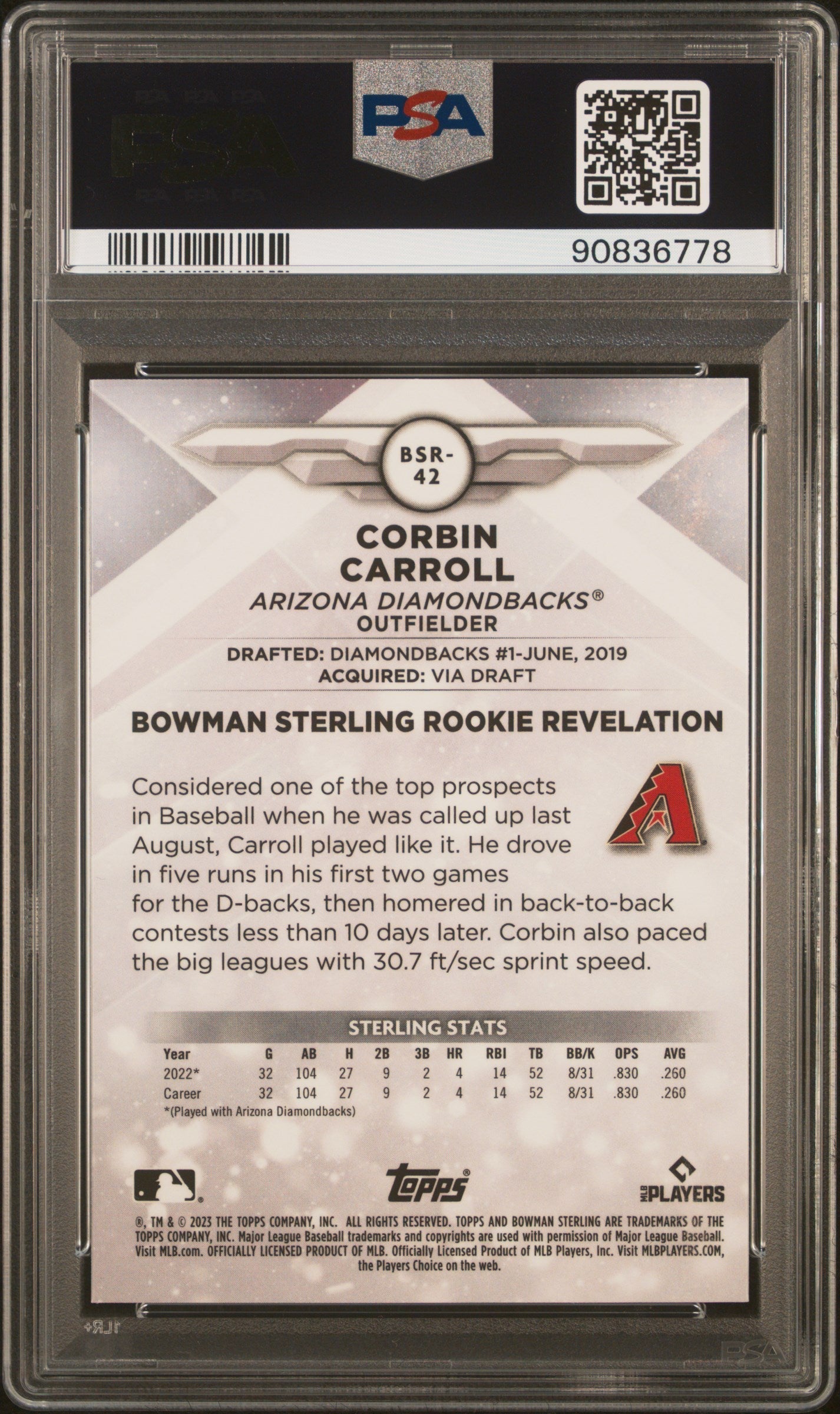 Graded 2023 Topps Bowman Sterling Corbin Carroll #BSR42 Rookie RC Baseball Card PSA 10 Gem Mint