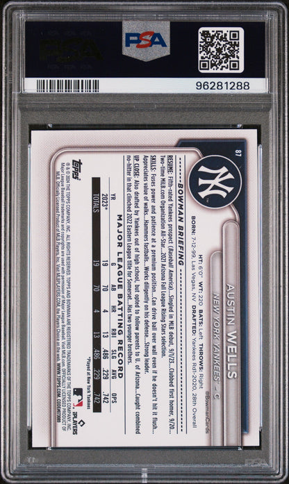 Graded 2024 Topps Bowman Austin Wells #87 Sky Blue #/499 Rookie RC Baseball Card PSA 10 Gem Mint