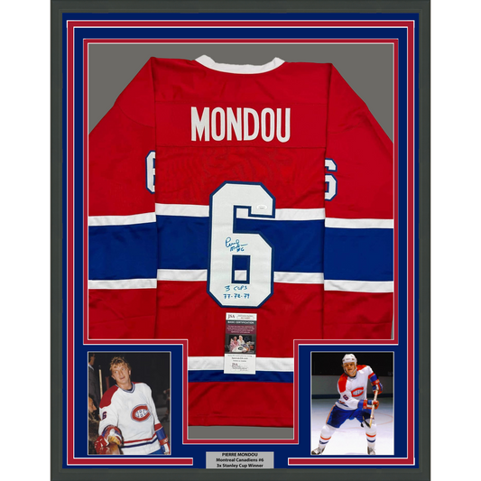 Framed Autographed/Signed Pierre Mondou "3 Cups 77-78-79" 35x39 Montreal Red Hockey Jersey JSA COA