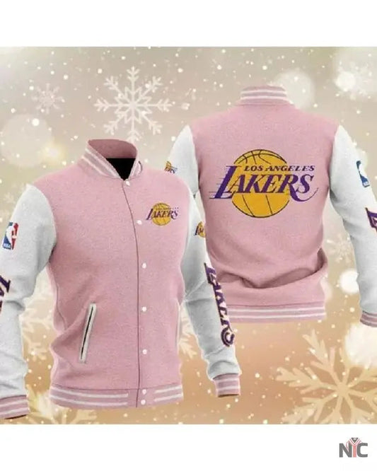 Pink Los Angeles Lakers Varsity Baseball Jacket