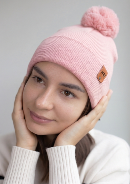 Classic Cuffed Pom Pom Beanie, Pearl Pink