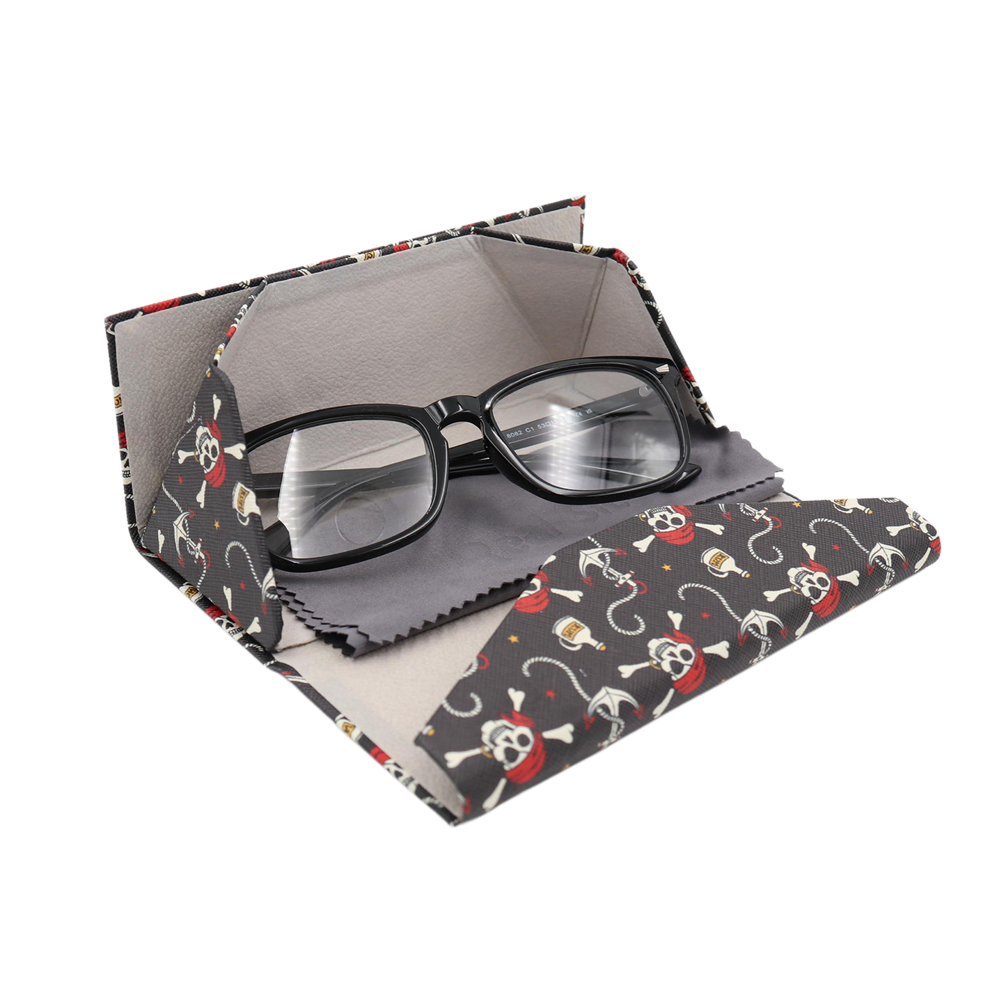 Pirate Skully / Jolly Roger Print Glasses Case - Vegan Leather Magic Folding Hard Case
