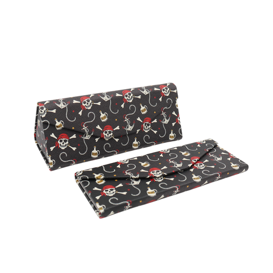 Pirate Skully / Jolly Roger Print Glasses Case - Vegan Leather Magic Folding Hard Case