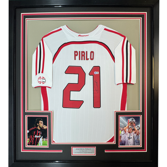 Framed Autographed/Signed Andrea Pirlo 35x39 AC Milan White Soccer Futbol Jersey Beckett BAS COA