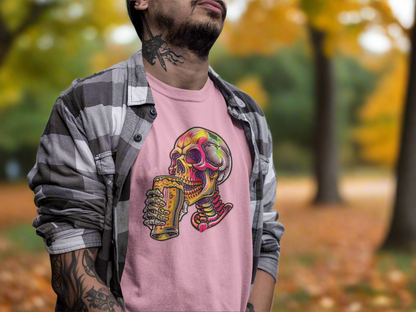 Beer Drinking Neon Skull Graphic Tee