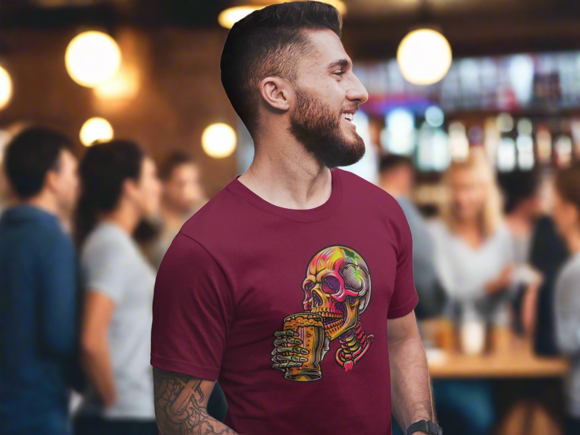 Beer Drinking Neon Skull Graphic Tee