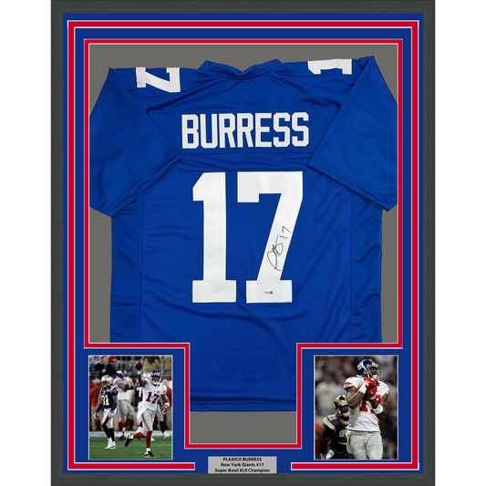 Framed Autographed/Signed Plaxico Burress 35x39 New York Blue Football Jersey JSA COA