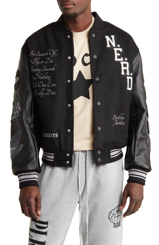 Pleasures Nerd Black Wool & Leather Varsity Jacket