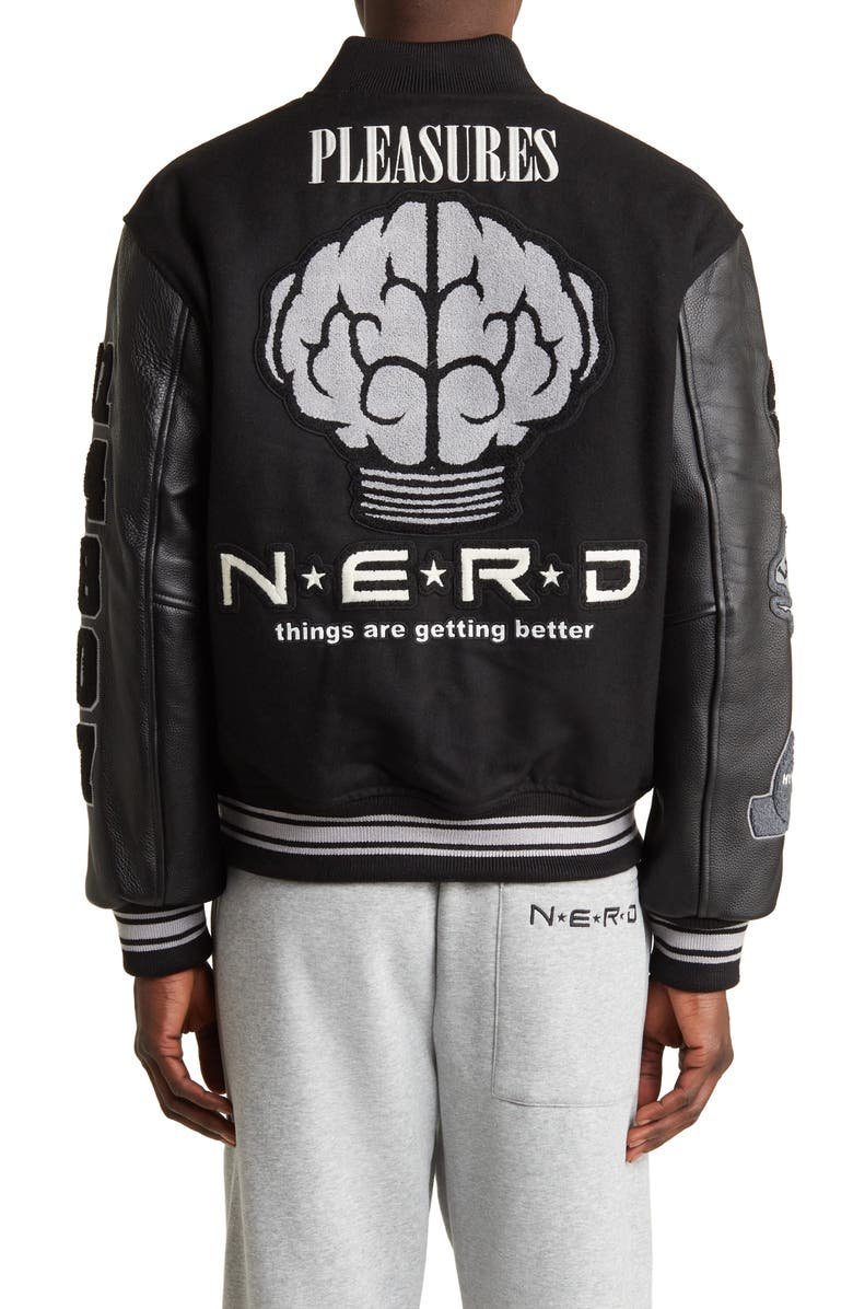 Pleasures Nerd Black Wool & Leather Varsity Jacket