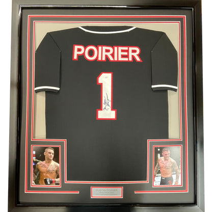 Framed Autographed/Signed Dustin Poirier 35x39 UFC MMA Black Ultimate Fighting Jersey Shirt PSA/DNA COA
