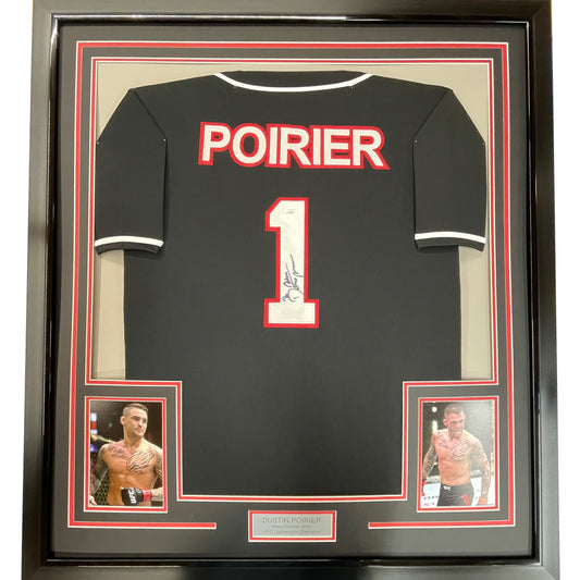 Framed Autographed/Signed Dustin Poirier 35x39 UFC MMA Black Ultimate Fighting Jersey Shirt PSA/DNA COA
