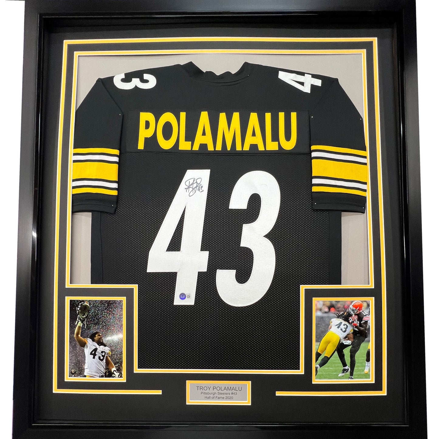 Framed Autographed/Signed Troy Polamalu 35x39 Pittsburgh Black Football Jersey JSA COA