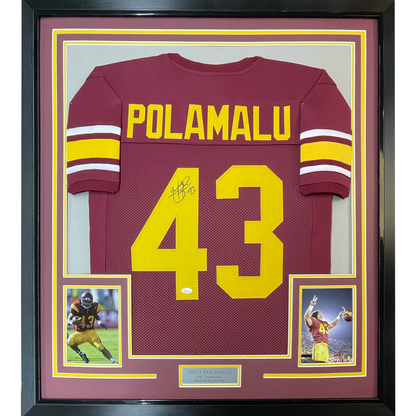 Framed Autographed/Signed Troy Polamalu 35x39 USC Southen Cal Maroon College Football Jersey Beckett BAS COA