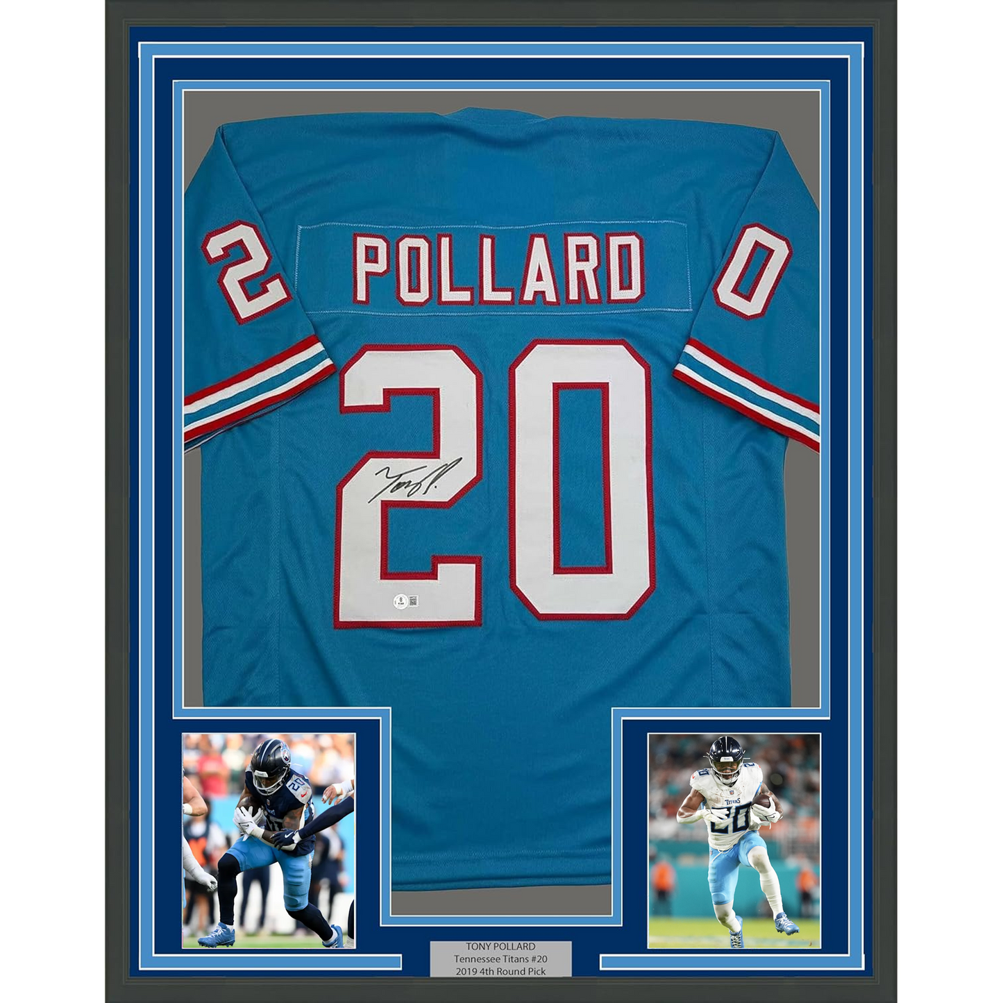 Framed Autographed/Signed Tony Pollard 35x39 Tennessee Retro Blue Football Jersey Beckett BAS COA