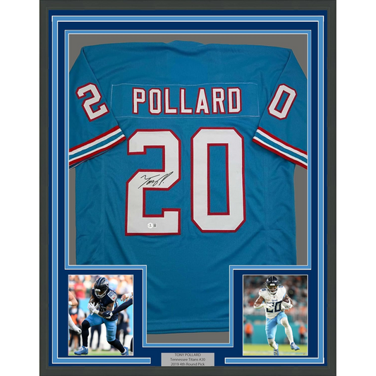 Framed Autographed/Signed Tony Pollard 35x39 Tennessee Retro Blue Football Jersey Beckett BAS COA