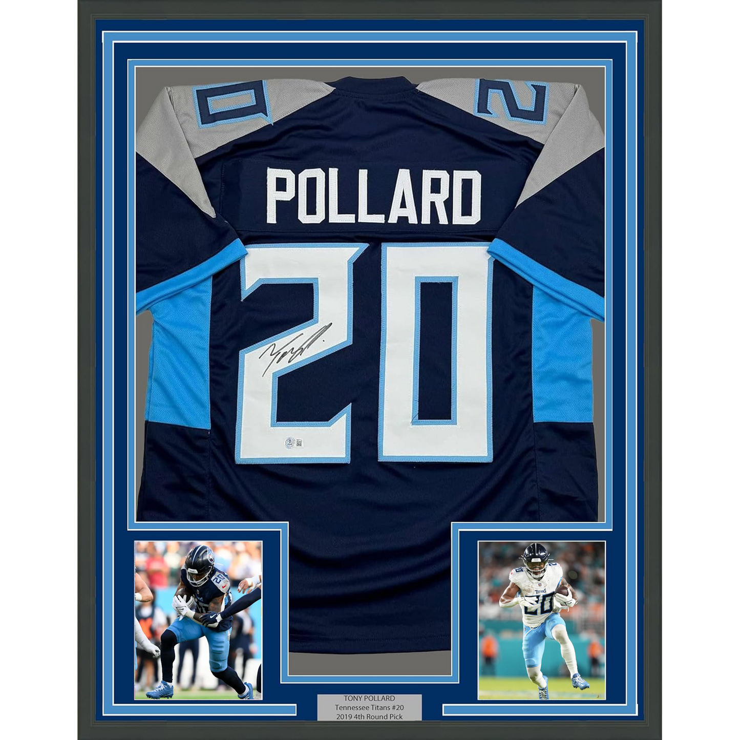 Framed Autographed/Signed Tony Pollard 35x39 Tennessee Blue Football Jersey Beckett BAS COA