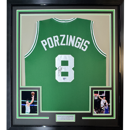 Framed Autographed/Signed Kristaps Porzingis 35x39 Boston Green Basketball Jersey JSA COA