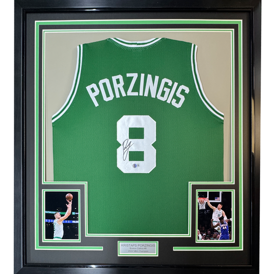 Framed Autographed/Signed Kristaps Porzingis 35x39 Boston Green Basketball Jersey JSA COA