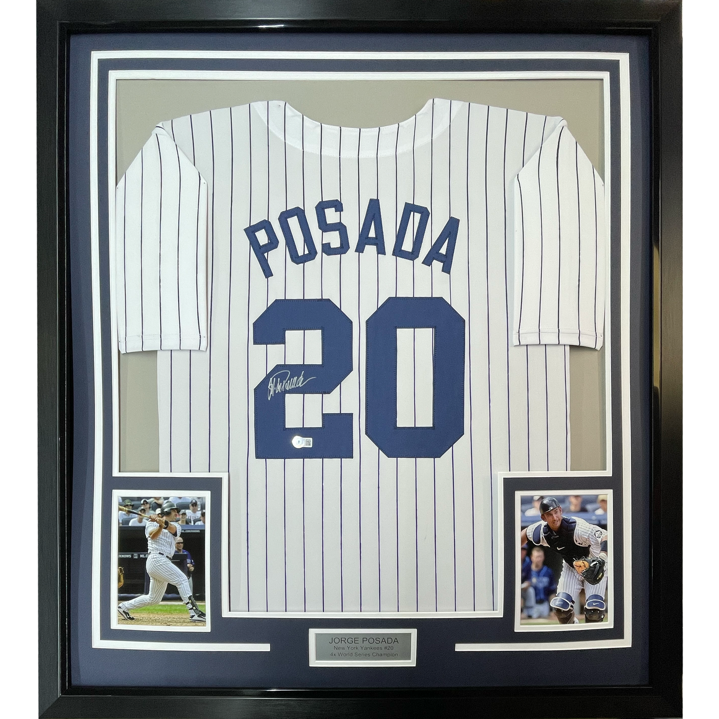 Framed Autographed/Signed Jorge Posada 35x39 New York Pinstripe Baseball Jersey Beckett BAS COA