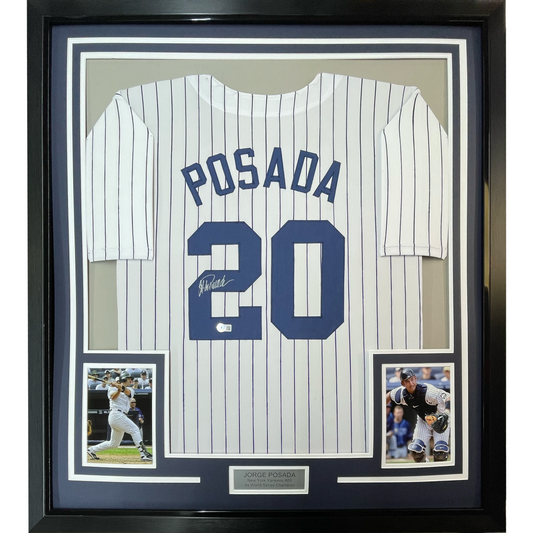 Framed Autographed/Signed Jorge Posada 35x39 New York Pinstripe Baseball Jersey Beckett BAS COA
