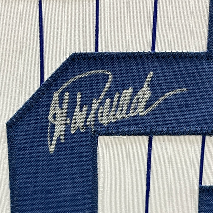 Framed Autographed/Signed Jorge Posada 35x39 New York Pinstripe Baseball Jersey Beckett BAS COA