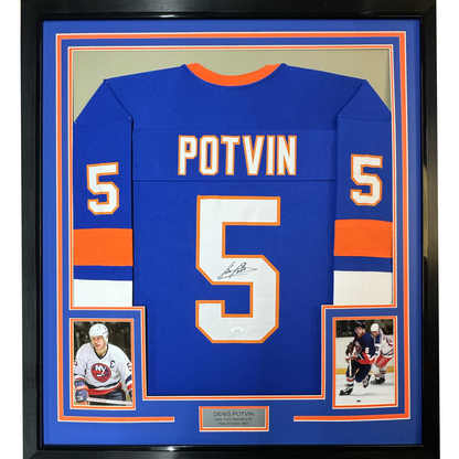 Framed Autographed/Signed Denis Potvin 35x39 New York Blue Hockey Jersey JSA COA